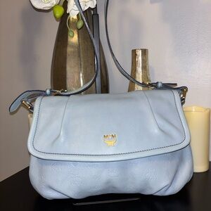 MCM Light Blue Pebble Leather Shoulder Bag